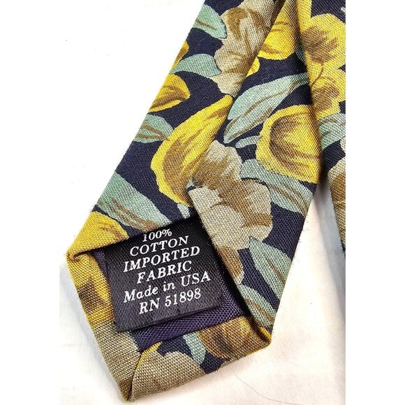 TANGO BY MAX RAAB Mens Floral Tulip Print Navy Yellow Cotton Necktie Made In USA - Picture 2 of 7